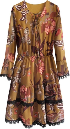 SZYFONOWA SUKIENKA Z FALBANAMI MUSZTARDOWA (452ART)