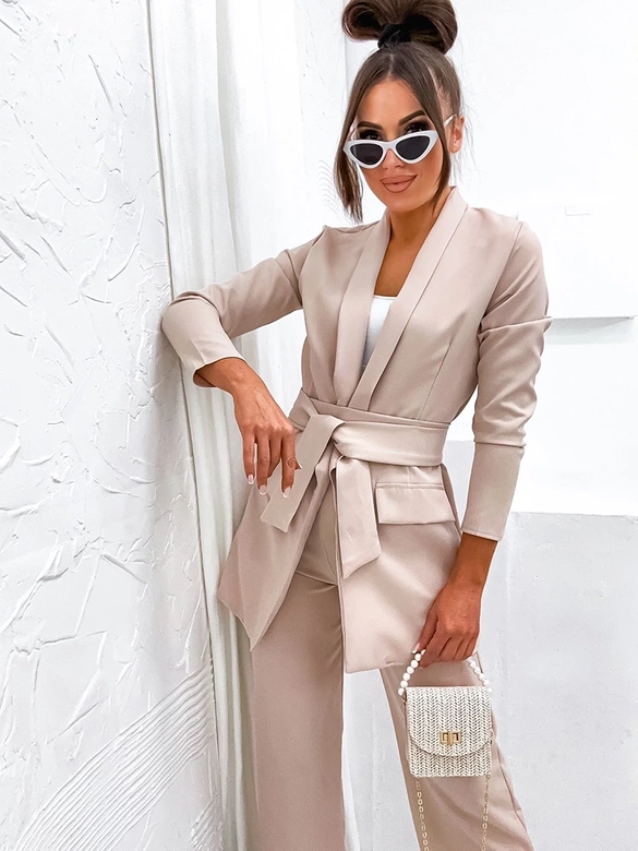 Komplet luźna marynarka + szerokie spodnie beżowy (8167)