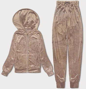 Welurowy dres damski z rozpinaną bluzą ciemny beż (8C1176-91)