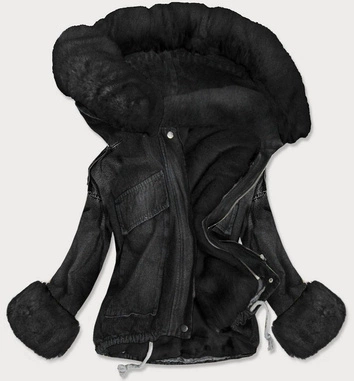 DAMSKA KURTKA JEANSOWA Z FUTRZANĄ PODPINKĄ CZARNA (9023#)