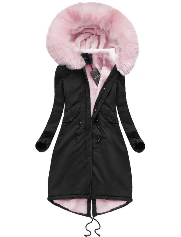 BAWEŁNIANA DŁUGA PARKA CZARNO-RÓŻOWA (7610)