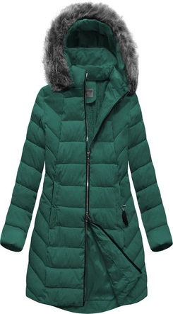DŁUŻSZA ZIMOWA KURTKA DAMSKA Z KAPTUREM CIEMNOZIELONA (B2646)
