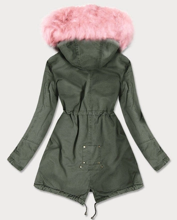 ZIMOWA PARKA DAMSKA Z KOLOROWYM FUTREM KHAKI-RÓŻ (D-216#)