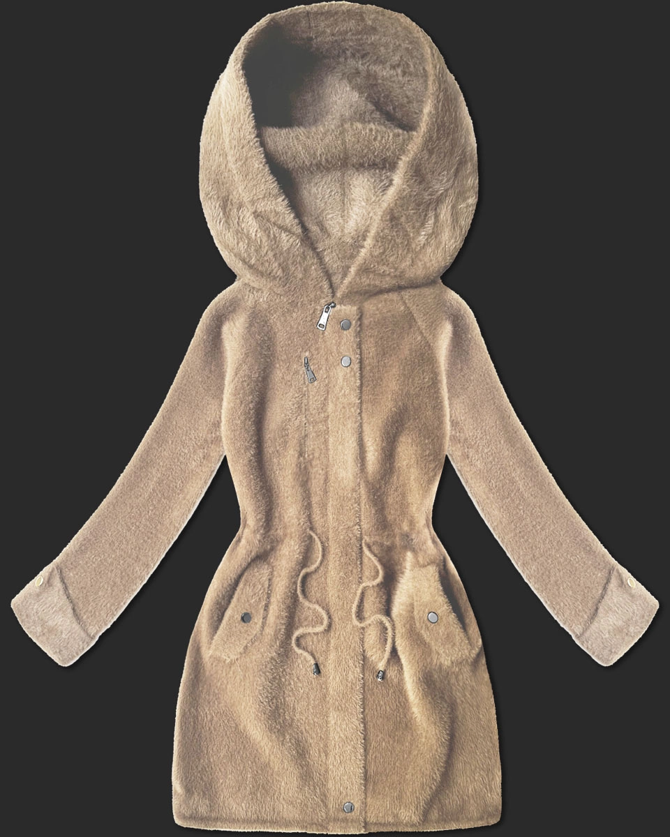 Wełniana kurtka alpaka z kapturem jasny beżowy (W214#)