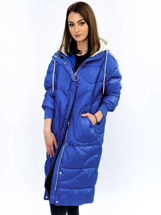 ZIMOWY PŁASZCZ DAMSKI OVERSIZE Z PUCHEM NATURALNYM NIEBIESKI (17127)