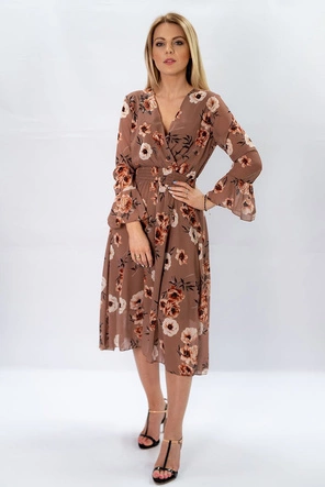 SZYFONOWA SUKIENKA KOPERTOWA W KWIATY BRĄZOWA (483ART)