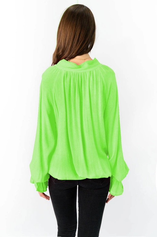 BAWEŁNIANA BLUZKA Z WIĄZANĄ STÓJKĄ LIMONKOWA (298ART)