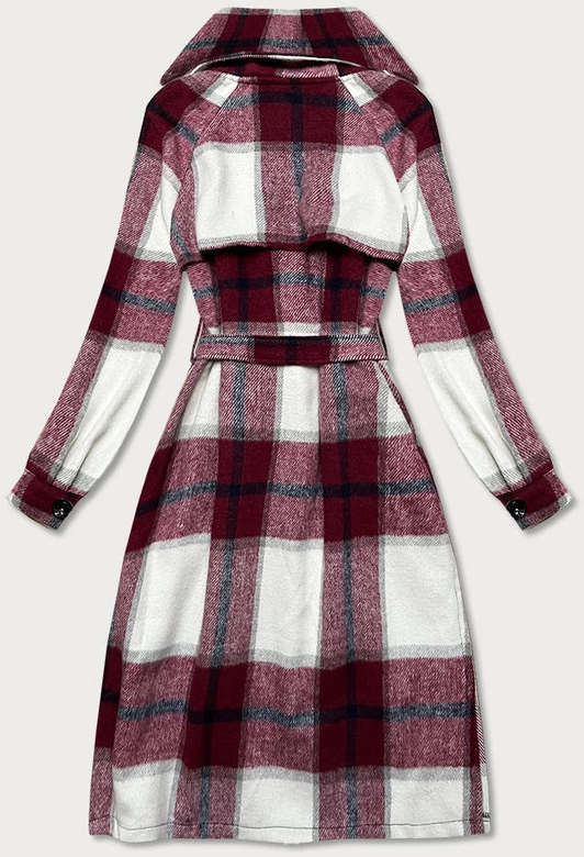 Koszulowy damski płaszcz w kratę bordowo-biały (7897)