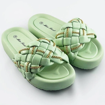 Damskie klapki plecione z łańcuszkiem zielone (ae120)