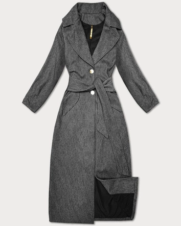 Długi płaszcz damski z paskiem S'West czarny-paseczki (B8542-1)