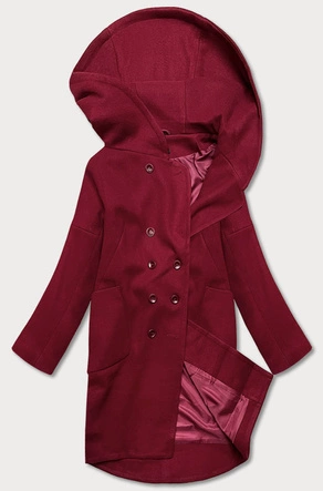 Damski płaszcz plus size z kapturem bordowy (2728)
