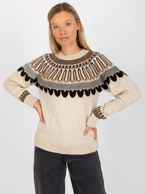 Casualowy sweter we wzory beżowy (0342)