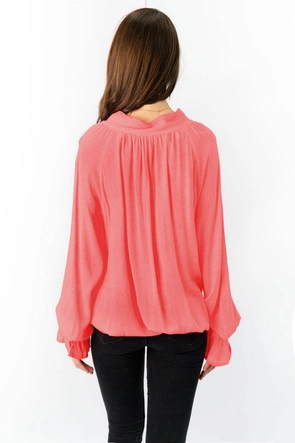 BAWEŁNIANA BLUZKA Z WIĄZANĄ STÓJKĄ NEONOWY KORAL (298ART)