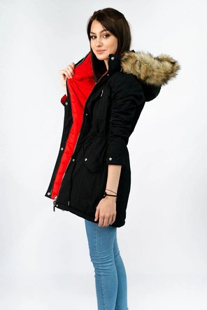 DWUSTRONNA DAMSKA KURTKA ZIMOWA Z KAPTUREM CZARNO-CZERWONA (W213)