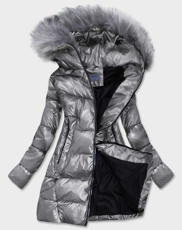 TRAPEZOWA ZIMOWA KURTKA DAMSKA SZARA (B9559-70)