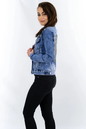 KRÓTKA DAMSKA KURTKA JEANSOWA Z CEKINAMI NIEBIESKA (5822-K)