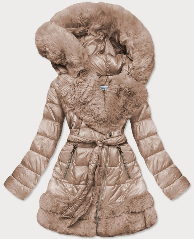 PIKOWANA KURTKA ZIMOWA DAMSKA OBSZYTA FUTREM BEŻOWA (FM16-3)