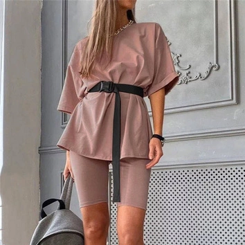 KOMPLET DAMSKI T-SHIRT I SPODENKI KOLARKI BRUDNY RÓŻ (727ART)