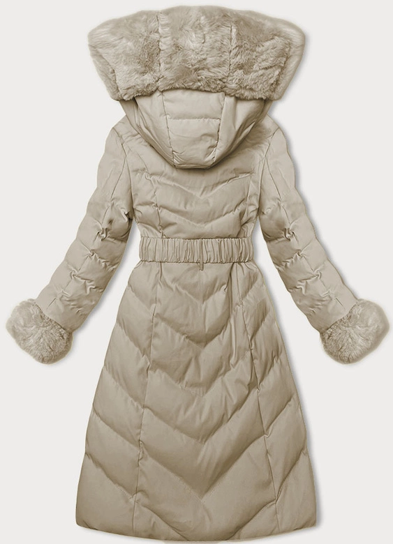 Zimowa kurtka damska z paskiem beżowa (5M3156-62)