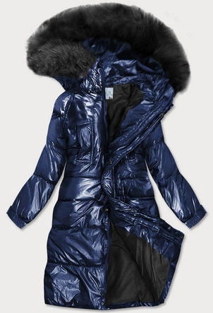 Damska metaliczna kurtka zimowa z kapturem granatowa (8295)