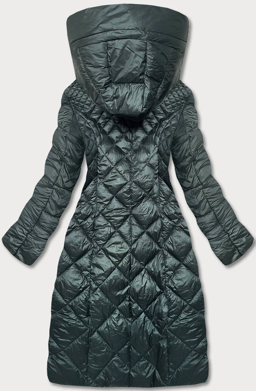 Długa kurtka pikowana damska ciemna zieleń (ag1-j9082)