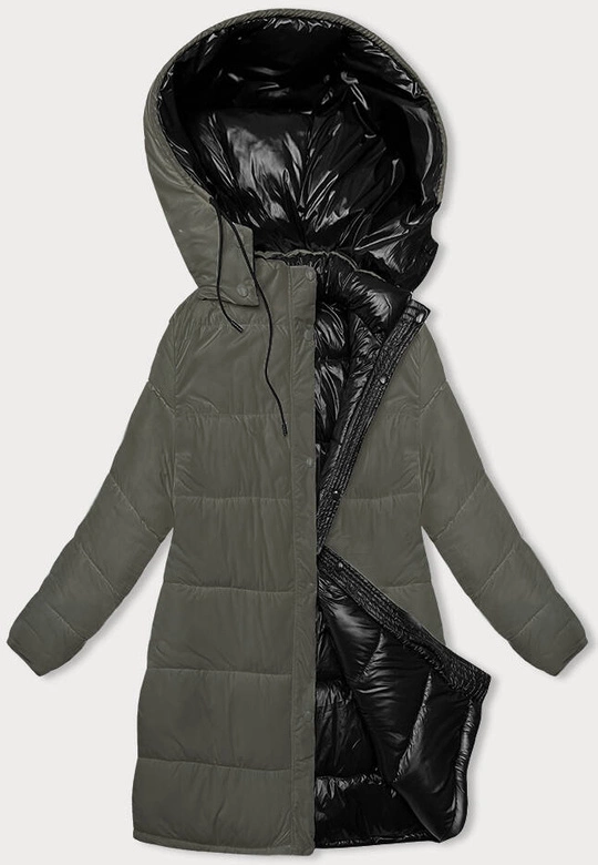 Gruba dwustronna kurtka zimowa damska czarny-khaki (V767)