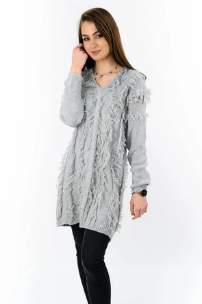 CIEPŁY SWETER Z FRĘDZLAMI JASNOSZARY (155ART)