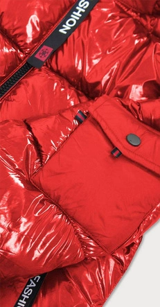 BŁYSZCZĄCA ZIMOWA KURTKA DAMSKA CZERWONO-SZARA (R9545)