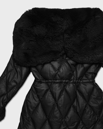 Kurtka z futrzanym kapturem tworzącym kołnierz czarna (T3-2635#-1)