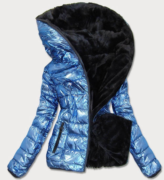 KRÓTKA BŁYSZCZĄCA DWUSTRONNA KURTKA DAMSKA NIEBIESKA (B9542)