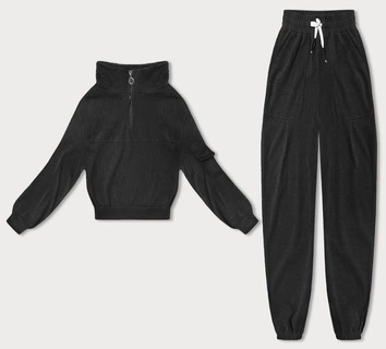 Dresowy komplet damski typu wafel czarny (AMG-339A)