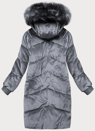Sztruksowa zimowa kurtka damska z kapturem szara (7764)