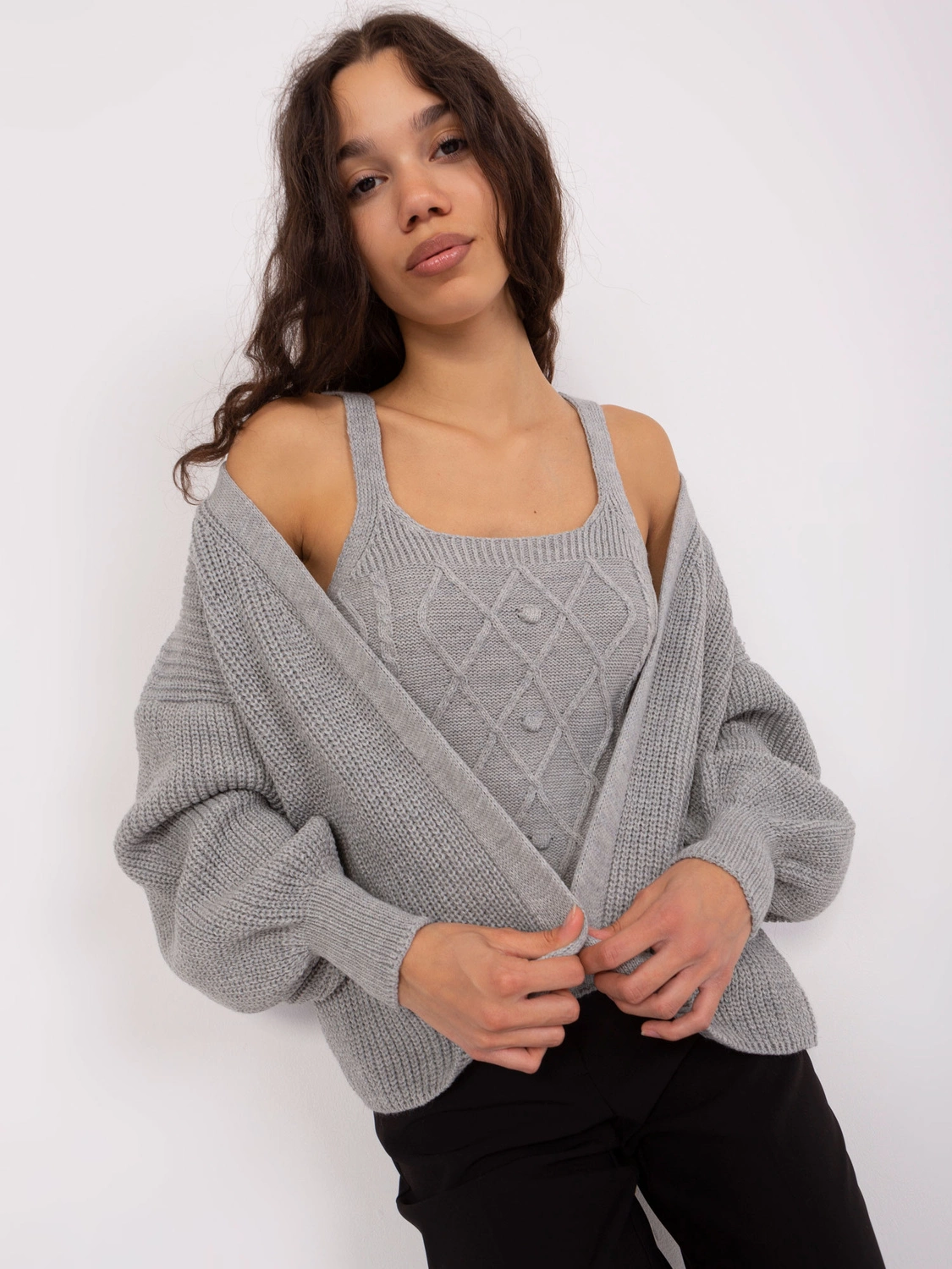 Dwuczęściowy komplet top + sweter szary (8019)