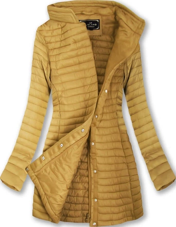 DŁUŻSZA PIKOWANA KURTKA Z KAPTUREM MUSZTARDOWA (7222BIG)