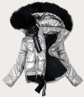 DAMSKA BŁYSZCZĄCA KURTKA Z KAPTUREM SREBRNA (8297)