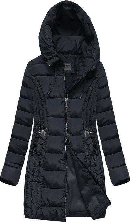 DŁUŻSZA PIKOWANA DAMSKA KURTKA ZIMOWA Z KAPTUREM GRANATOWA (B2619-30)