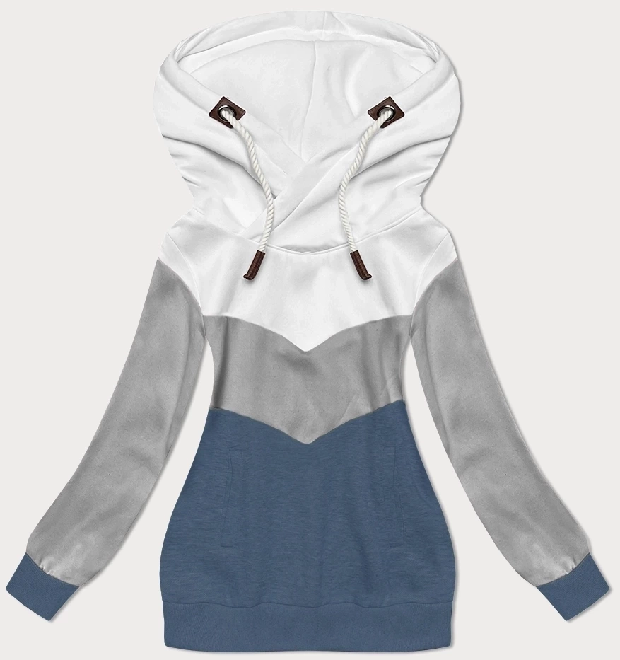 Trójkolorowa gruba bluza damska biały-szary-niebieski (2303)