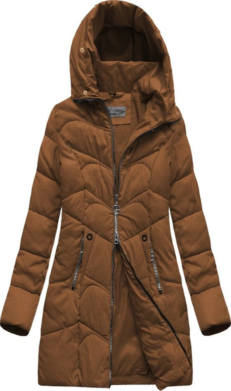 DŁUŻSZA PIKOWANA DAMSKA KURTKA ZIMOWA Z KAPTUREM BRĄZOWA (B2643)