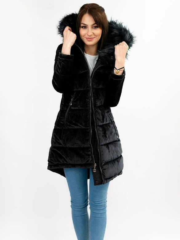 DWUSTRONNA DAMSKA PARKA ZIMOWA WELUROWA CZARNA (7911)