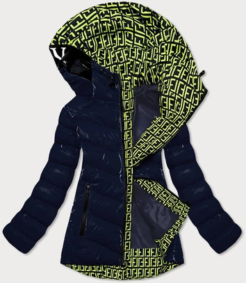 Błyszcząca kurtka damska z ozdobną podszewką granatowa (xw810x)