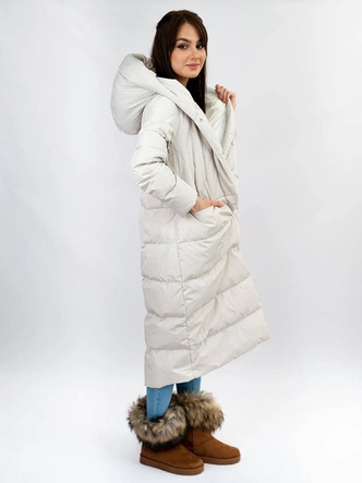 PROSTY ZIMOWY PŁASZCZ DAMSKI Z PUCHEM NATURALNYM JASNOSZARY (7120)