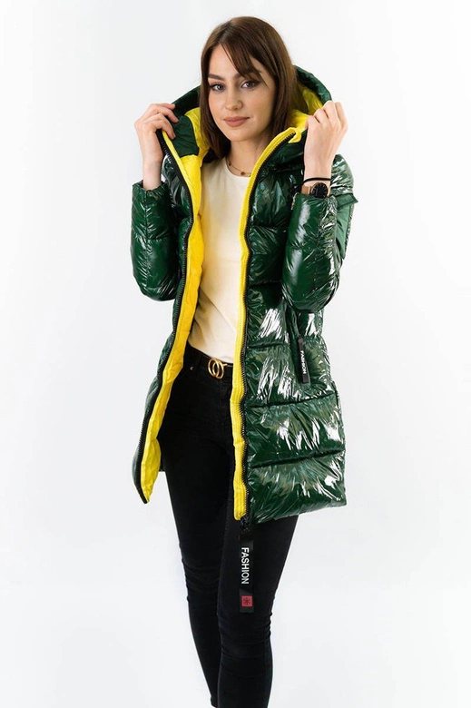 BŁYSZCZĄCA ZIMOWA KURTKA DAMSKA ZIELONO-ŻÓŁTA (R9545)