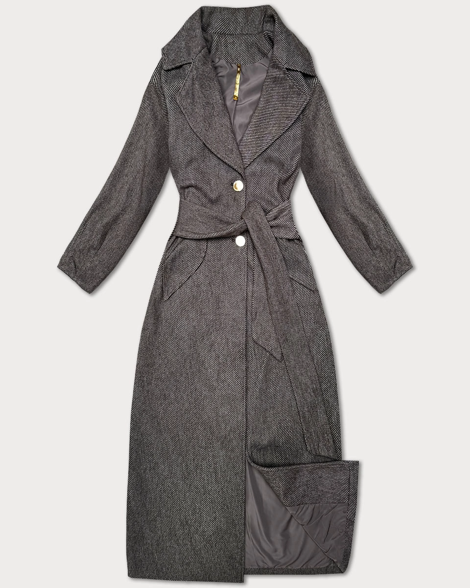 Długi płaszcz damski z paskiem S'West brązowy-paseczki (B8542-14)