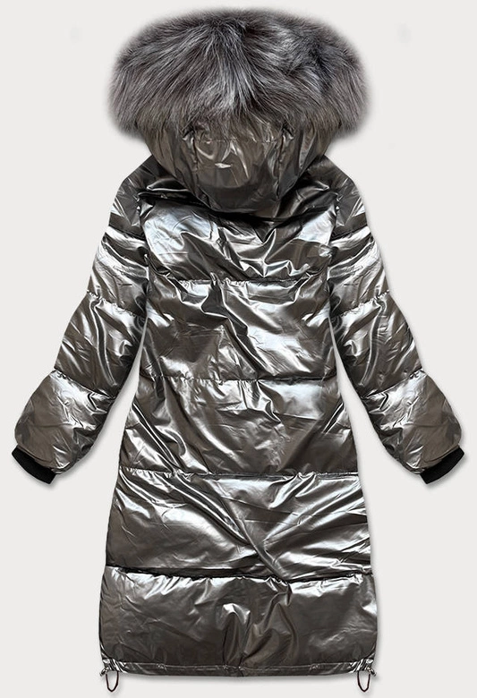 DŁUGA METALICZNA KURTKA DAMSKA ZIMOWA SZARA (1917-1)