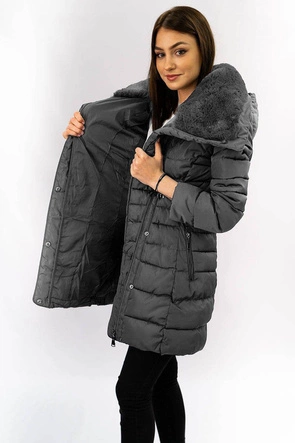 DŁUGA KURTKA DAMSKA ZIMOWA Z KAPTUREM GRAFITOWA (B1068-30)