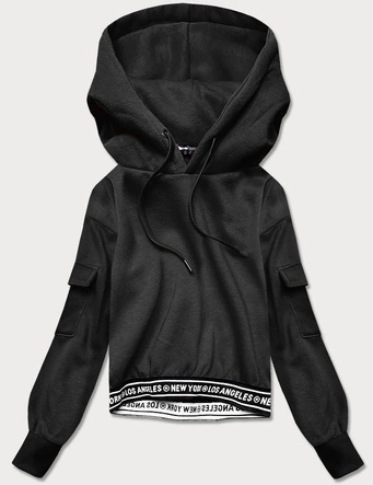 Krótka bluza dresowa damska ze ściągaczami czarna (26030)