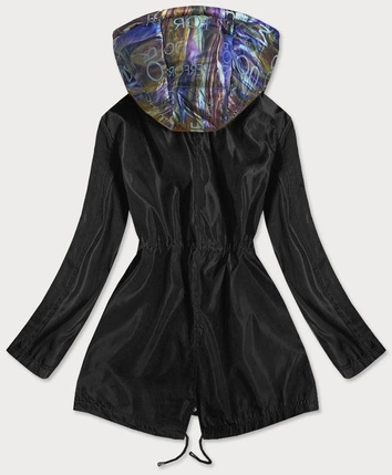 KURTKA DAMSKA Z OZDOBNYM KAPTUREM CZARNA/MULTIKOLOR (YR2022)