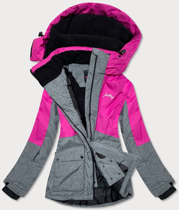 DAMSKA KURTKA ZIMOWA Z PASEM ŚNIEŻNYM SZARO-RÓŻOWA (B2390)