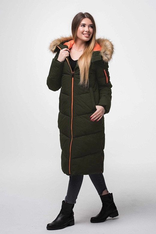 PROSTY PŁASZCZ ZIMOWY DAMSKI Z KAPTUREM KHAKI (J9-007)