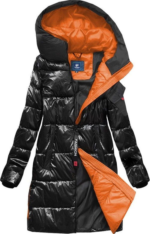 BŁYSZCZĄCA DAMSKA ZIMOWA KURTKA Z KAPTUREM CZARNA 1 (J9-003)